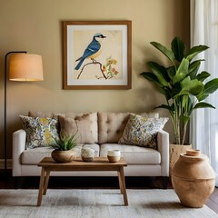 Modern living room with potted plant, sofa and laptop in sunlight