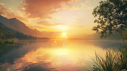 Obraz premium A serene sunrise over a tranquil, mountain lake, with the sun rising over the water, casting a warm glow over the surrounding landscape