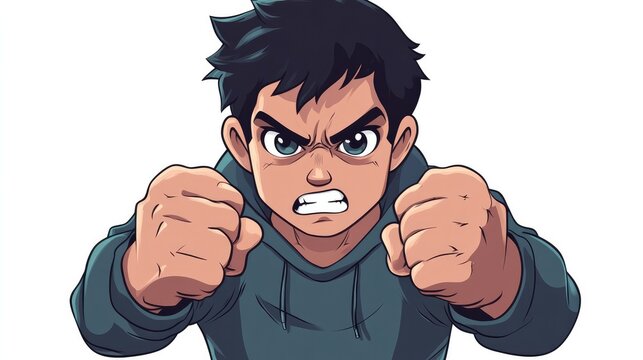 anime character feeling determination with a fierce expression and clenched fists, isolated on a white background