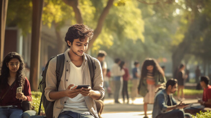 young indian college student using smartphone at campus