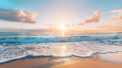 A serene sunrise over a tranquil beach, with the sun rising over the horizon, casting a warm glow over the sand and the gentle waves