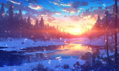 Fototapeta premium Enchanting Anime Winter Landscape: Serene River Flowing Through Golden-Hued Snowy Forest. Artistic Capture of Nature's Tranquil Beauty for Cultural Illustrations and Creative Marketing. Festive Winter