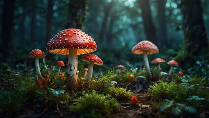 Fototapeta premium photo of a bunch of red mushrooms with a forest background in the morning made by AI generative