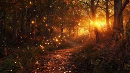 Obraz premium A serene sunset illuminating a tranquil forest, with a winding path leading through the trees and a warm, golden light filtering through the leaves