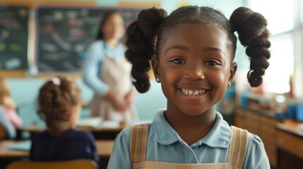 A cute little smiling black girl standing in kindergarten filled with other students