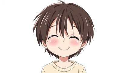 Cute anime character expressing embarrassment with a shy smile and blushing cheeks, isolated on a clean white background