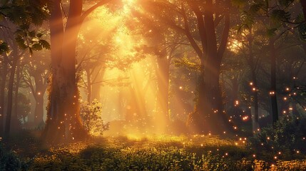 A serene sunset illuminating a tranquil forest, with sunbeams filtering through the trees and casting a magical ambiance