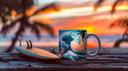 Vibrant Sunset Beach Scene with Illustrated Surfing Wave Yeti Mug on Wooden Boardwalk