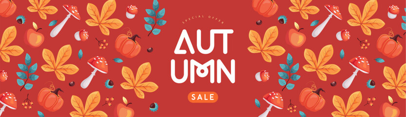 Autumn seasonal sale banner with floral elements and autumn attributes. Vector illustration