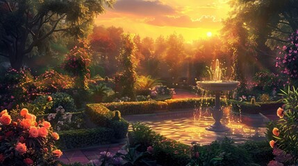 Fototapeta premium A serene sunset illuminating a tranquil garden, with a fountain, blooming flowers, and a peaceful atmosphere