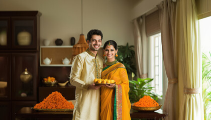 young indian couple holding a plate with laddu