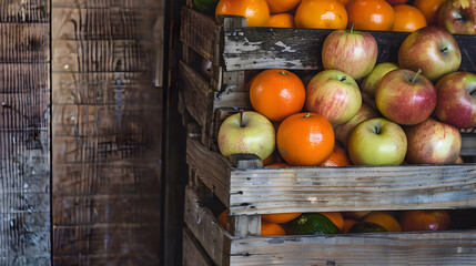 Vintage Wooden Crates Stacked with Fresh Apples and Oranges for Organic Market Display