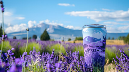 Yeti Tumbler Amidst Lavender Field Under Clear Blue Sky