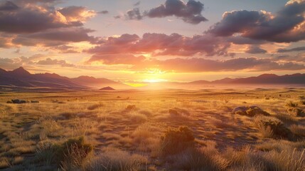 Obraz premium A serene sunset over a desert landscape with the sky filled with warm colors.