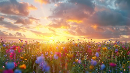 A serene sunset over a field of wildflowers with the sky ablaze in vibrant colors.
