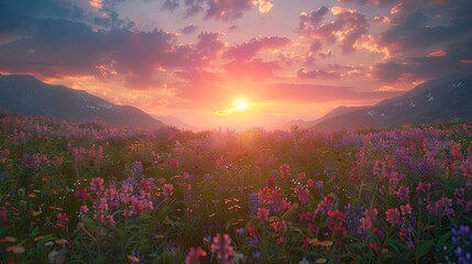 Obraz premium A serene sunset over a field of wildflowers with the sky ablaze in vibrant colors.