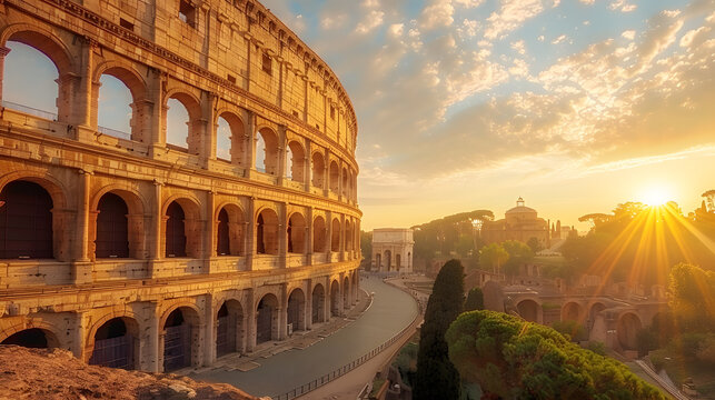 Witness the breathtaking beauty of Romes Colosseum at sunrise, as its majestic ancient structure shines in the warm golden light. A top destination for travelers in Italy