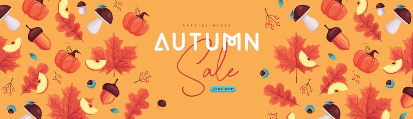 Autumn seasonal sale banner with floral elements and autumn attributes. Vector illustration