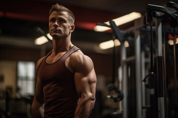 Naklejka premium A man with a muscular build stands in front of a gym equipment