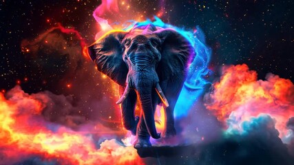 Big glowing neon elephant on the background