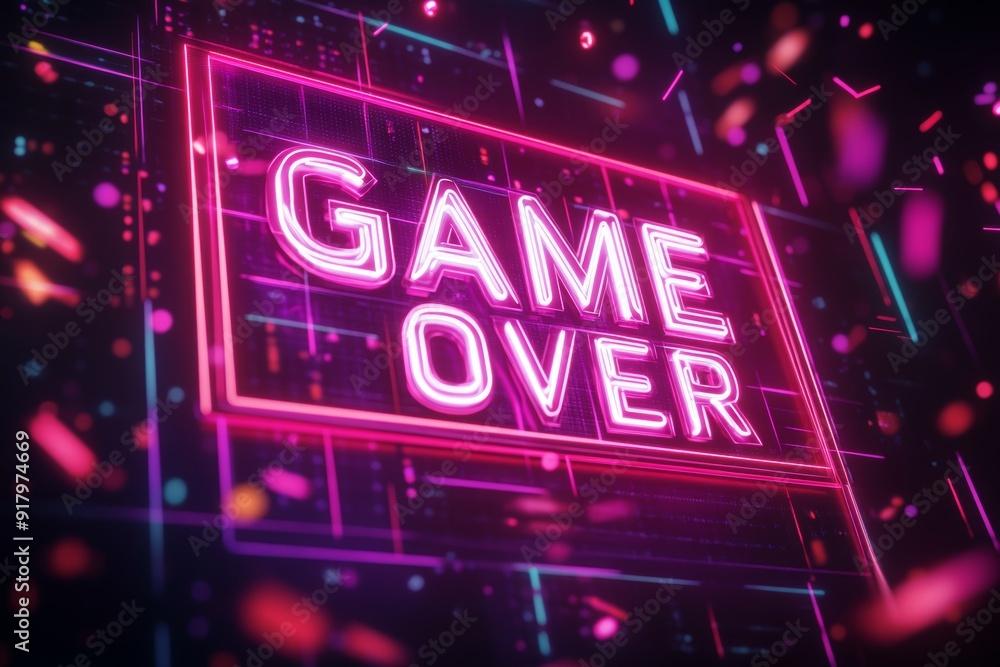 Poster glitched neon game over title with motion particles generative ai