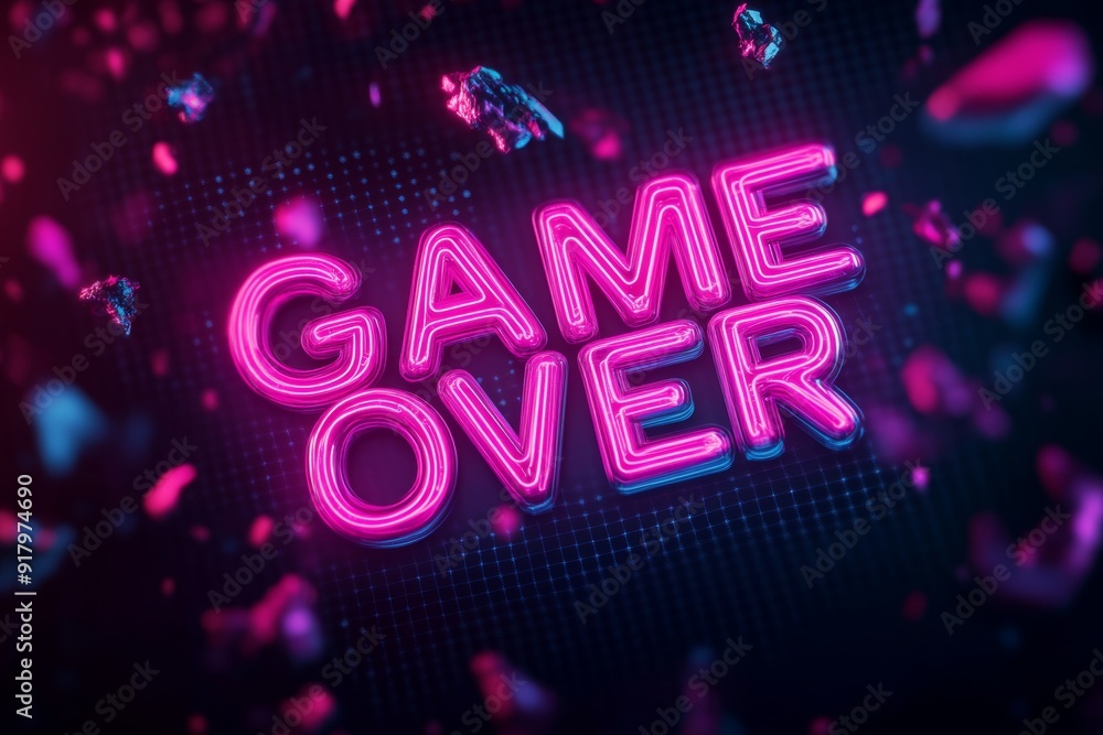 Poster glitched neon game over title on dark background with motion particles generative ai