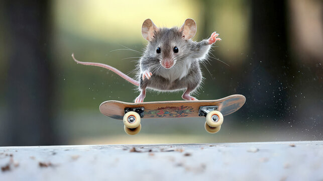Mouse skateboarding in a park on a sunny day