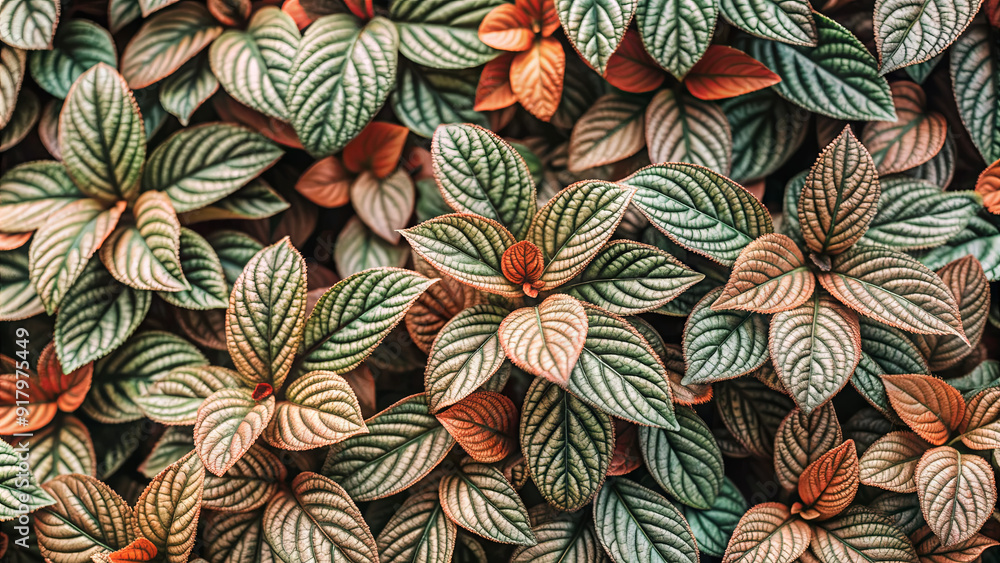 Poster lush foliage features intricate patterns in various shades of green and orange, creating a dense, vi
