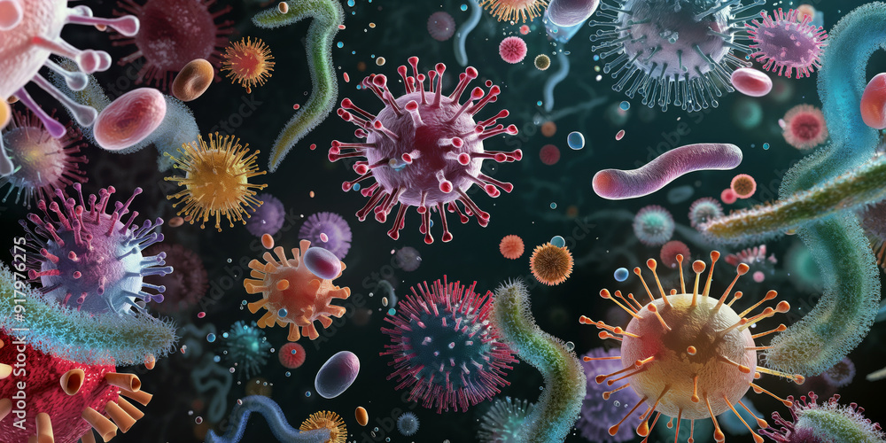Poster an illustration of various viruses and bacteria floating in a dark background, showcasing their uniq