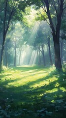 Obraz premium A serene forest scene with tall trees and sunlight filtering through the leaves, creating dappled light on the green grassy ground. The atmosphere is peaceful as mist hovers in the air