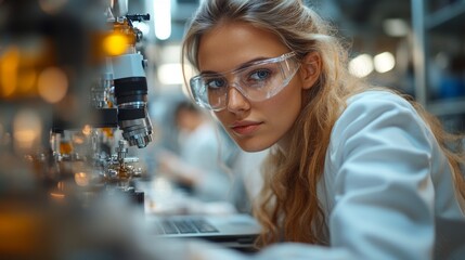 A woman wearing a lab coat and safety goggles is looking at a microscope