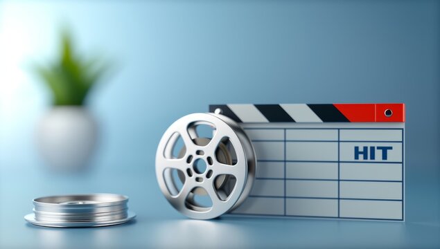 Film Reel and Clapperboard on Blue Background – Web Banner with Copy Space on Right