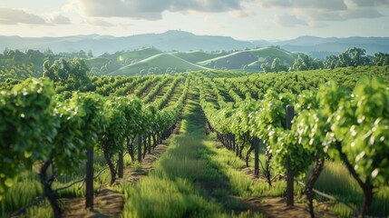 Fototapeta premium A serene vineyard with rows of grapevines and rolling hills.
