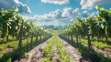 Obraz premium A serene vineyard with rows of grapevines and clear blue skies.