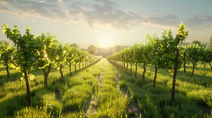 Naklejka premium A serene vineyard with rows of grapevines under a clear sky.
