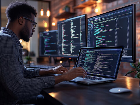 Young man coding at a modern workstation surrounded by multiple screens in a cozy office setting during the evening