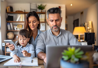 Fototapeta premium Parents and Child Working and Learning Together at Home