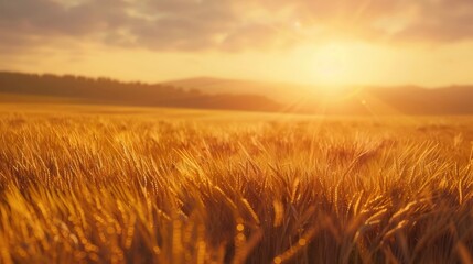Obraz premium A serene wheat field at sunrise with golden crops swaying in the wind.