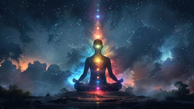 Meditation with chakra light on the body