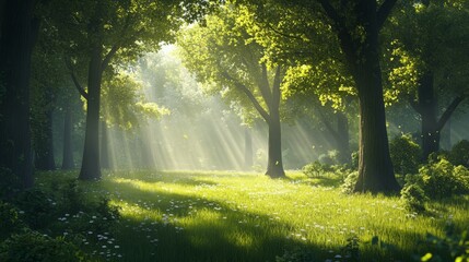 A tranquil forest scene with tall trees and sunlight filtering through the leaves, creating dappled light on lush green grass. The atmosphere is serene as mist rises from dew-covered foliage