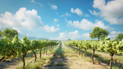 Naklejka premium A serene vineyard with rows of grapevines and clear blue skies.