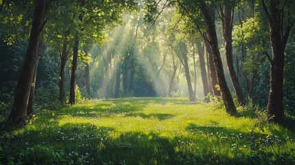 Naklejka premium A tranquil forest scene with tall trees and sunlight filtering through the leaves, creating dappled light on lush green grass. The atmosphere is serene as mist rises from dew-covered foliage