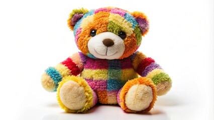 Obraz premium Adorable, cuddly, and colorful plush teddy bear with endearing facial expression sits solo on a soft, white background, conveying warmth and childhood nostalgia.