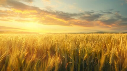 Obraz premium A serene wheat field at sunset with golden grains swaying in the breeze.