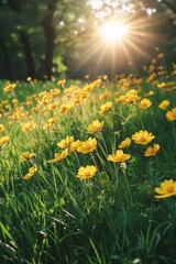 Obraz premium Yellow Flowers Field with Sun