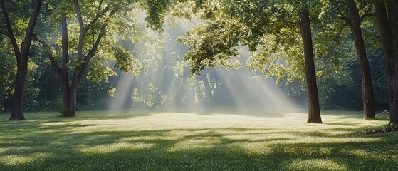 A tranquil forest scene with tall trees and sunlight filtering through the leaves, creating dappled light on lush green grass. The atmosphere is serene as mist rises from dew-covered foliage