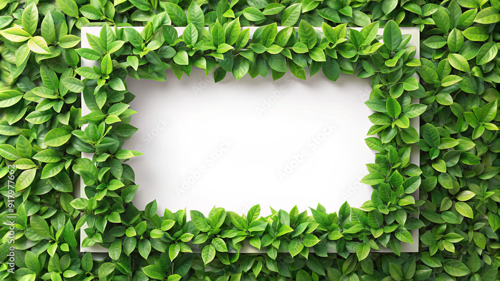 Poster lush green leaves surround a rectangular empty space, creating a natural border against a clean whit