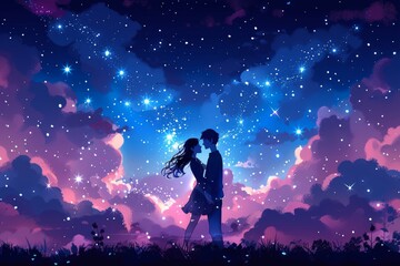 Obraz premium A Romantic Evening Under a Starry Sky With a Young Couple Embracing in Nature
