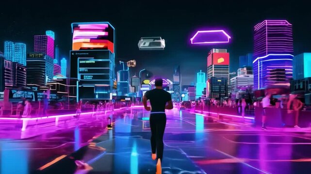 3D animation of a man running into a futuristic city with neon lights.