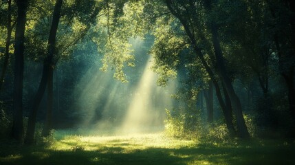 A tranquil forest scene with tall trees and sunlight filtering through the leaves, creating dappled light on lush green grass. The atmosphere is serene as mist rises from dew-covered foliage